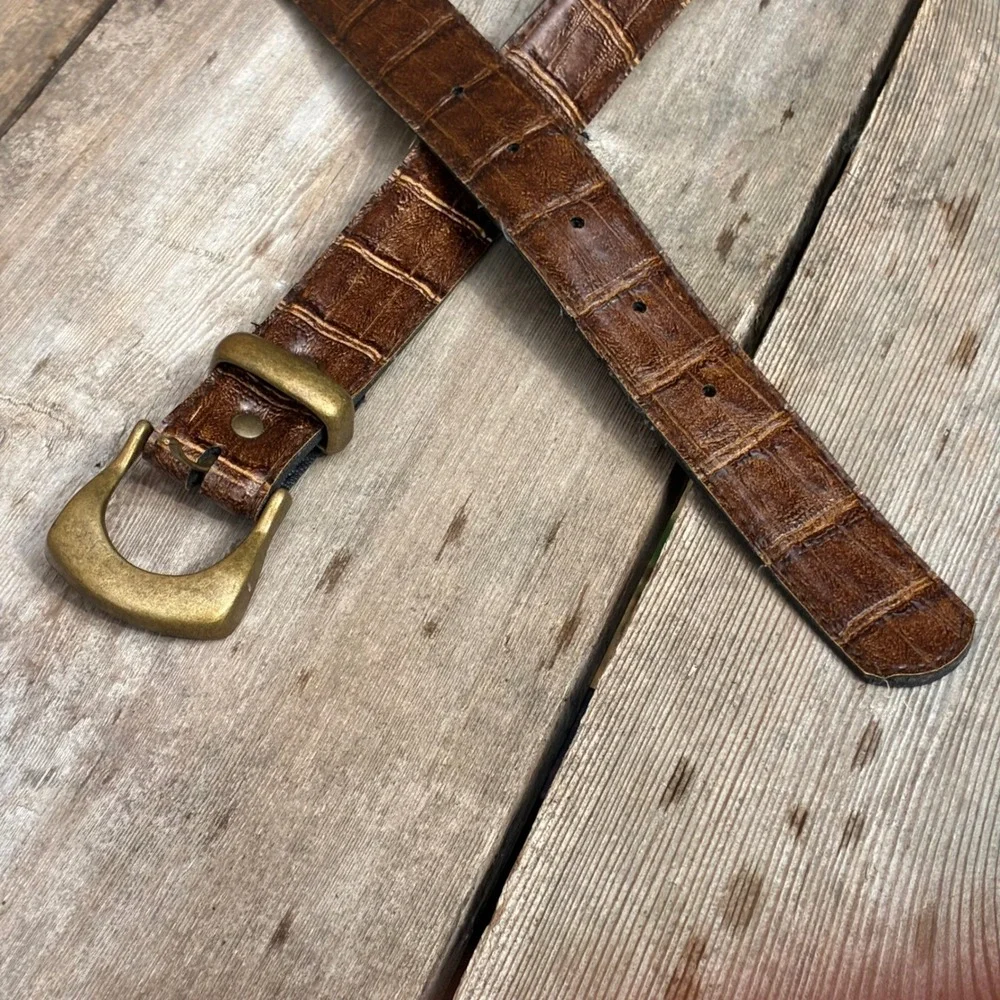Vintage SLT Brown Alligator Croc Embossed Leather Belt 38 Antique Brass Buckle